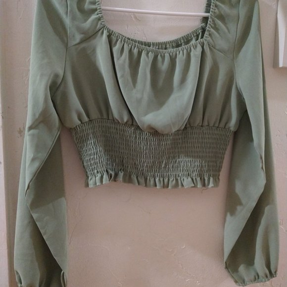 Solid Ruched Bust Scoop Neck Shirred Blouse - Picture 2 of 3